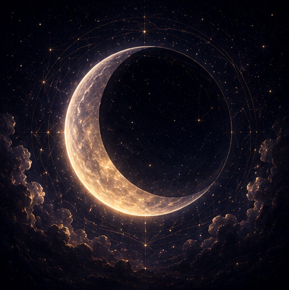 A crescent moon glowing over quiet clouds