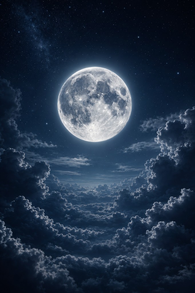 A luminous full moon over quiet night clouds
