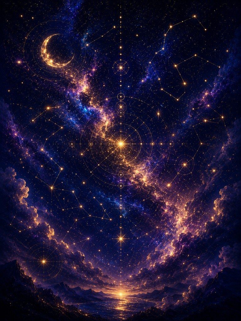 A night sky woven with constellations and gold orbits