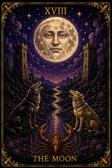 The Moon tarot card from Mystorya's deck
