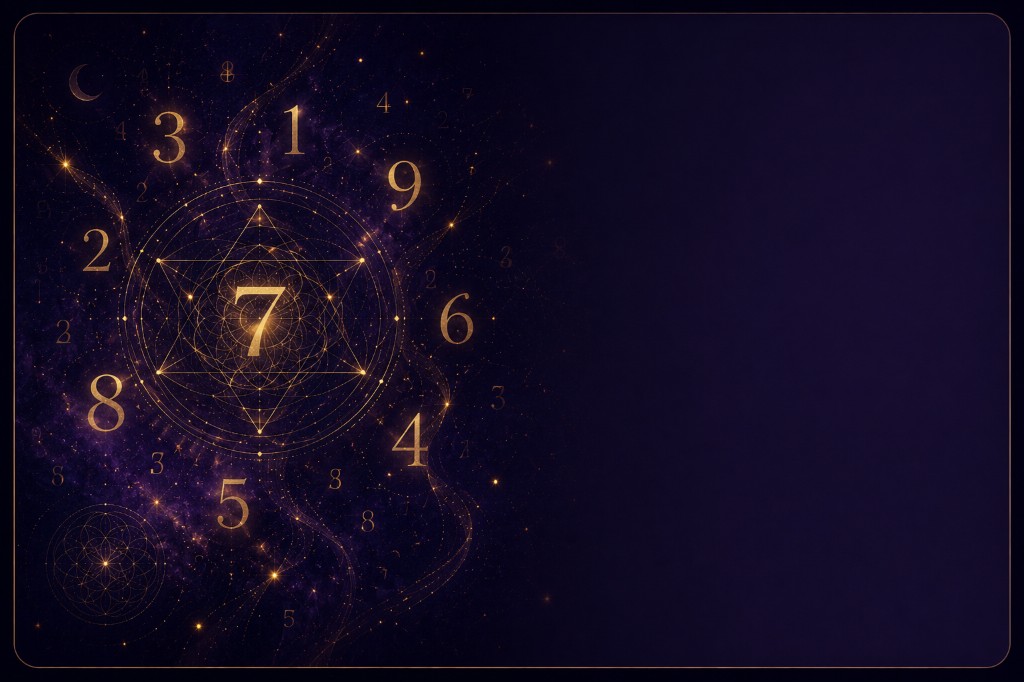 Numerology in Mystorya - golden numbers and sacred geometry over a deep violet sky