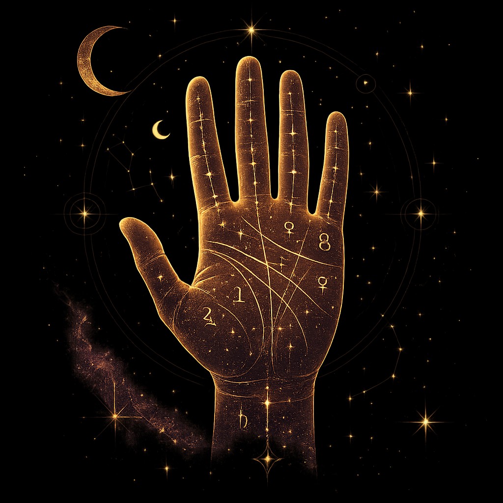 A palm traced in golden starlight, the way Mystorya reads its lines