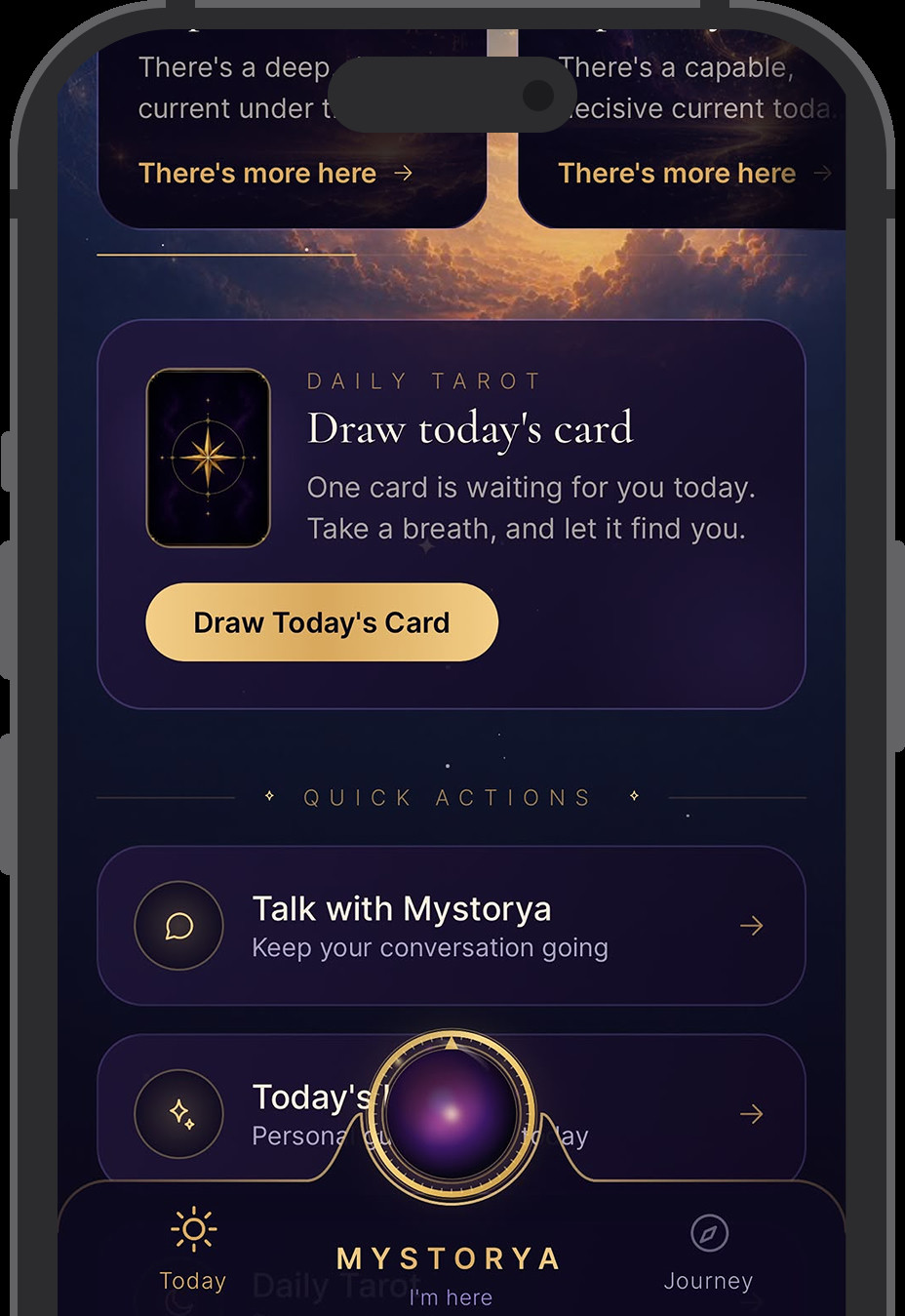 The Mystorya home screen - a daily tarot draw waiting, with quick actions to talk or see today's insights