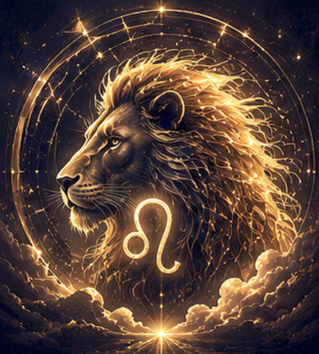 Leo zodiac art - a golden lion drawn in starlight